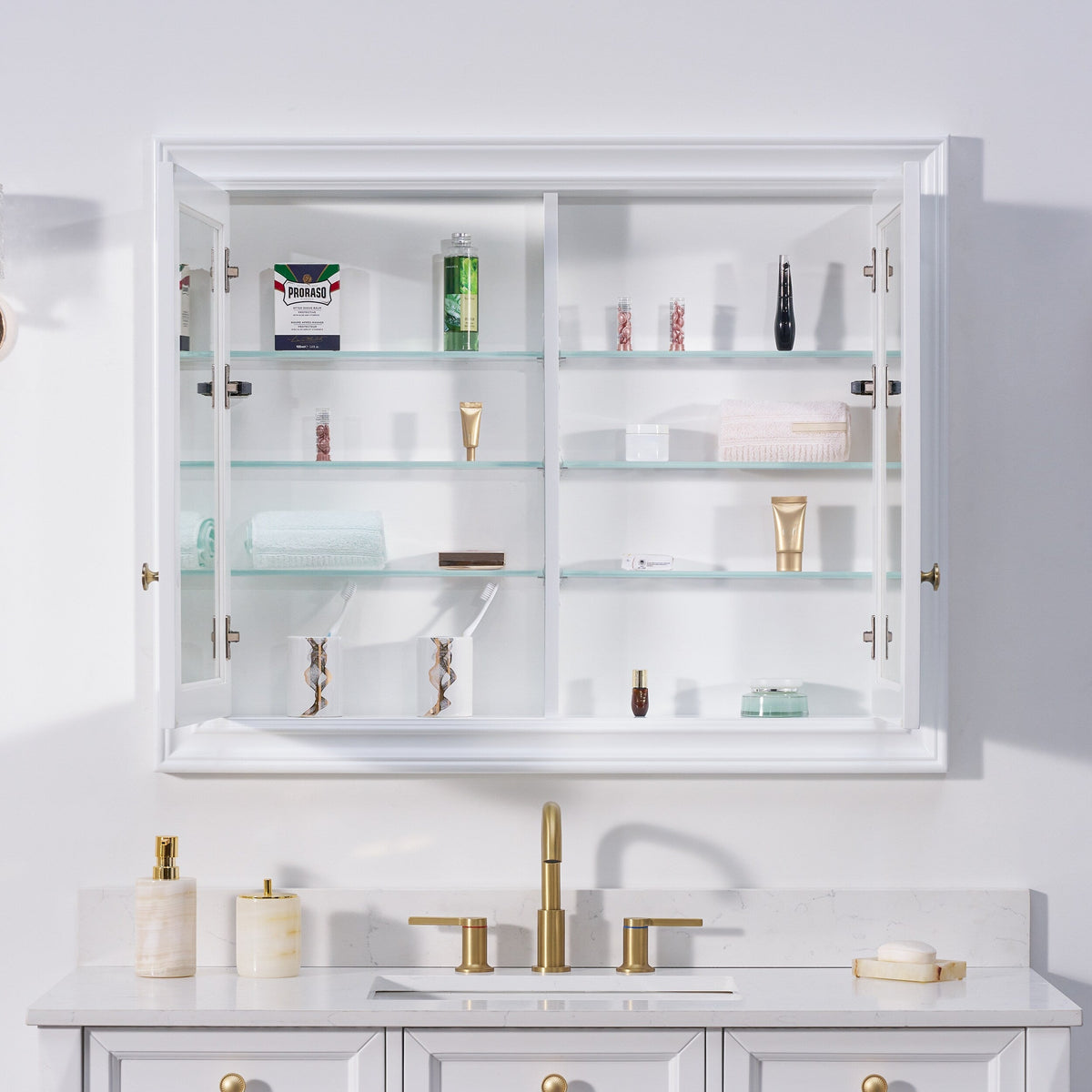 WELLFOR GRACE Solid Wood 40-in x 32-in Recessed Mount White Mirrored Soft Close Medicine Cabinet