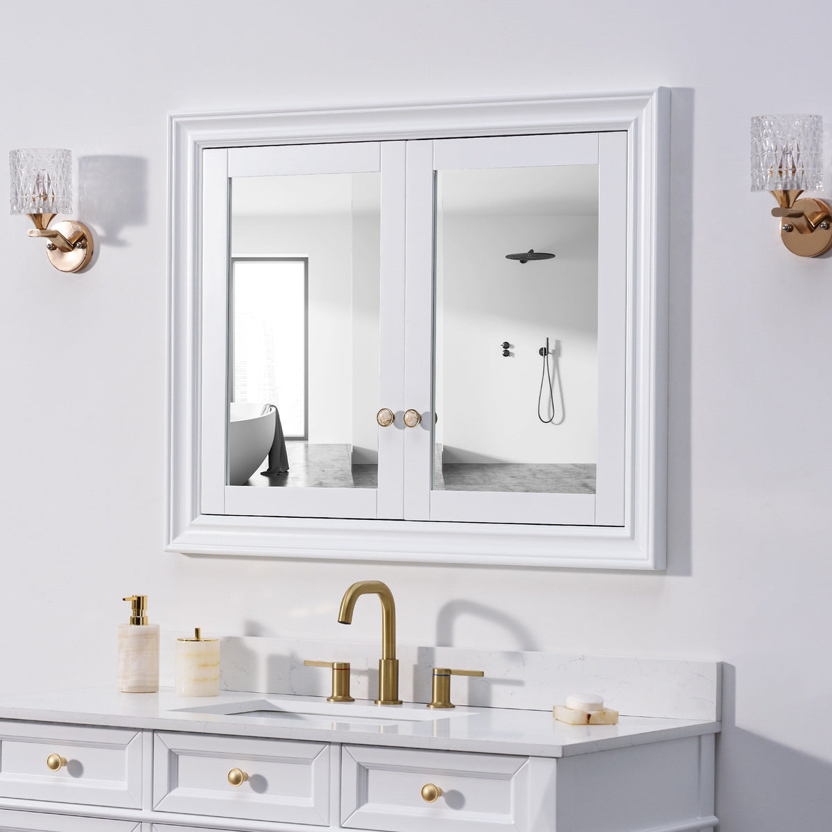 WELLFOR GRACE Solid Wood 40-in x 32-in Recessed Mount White Mirrored Soft Close Medicine Cabinet