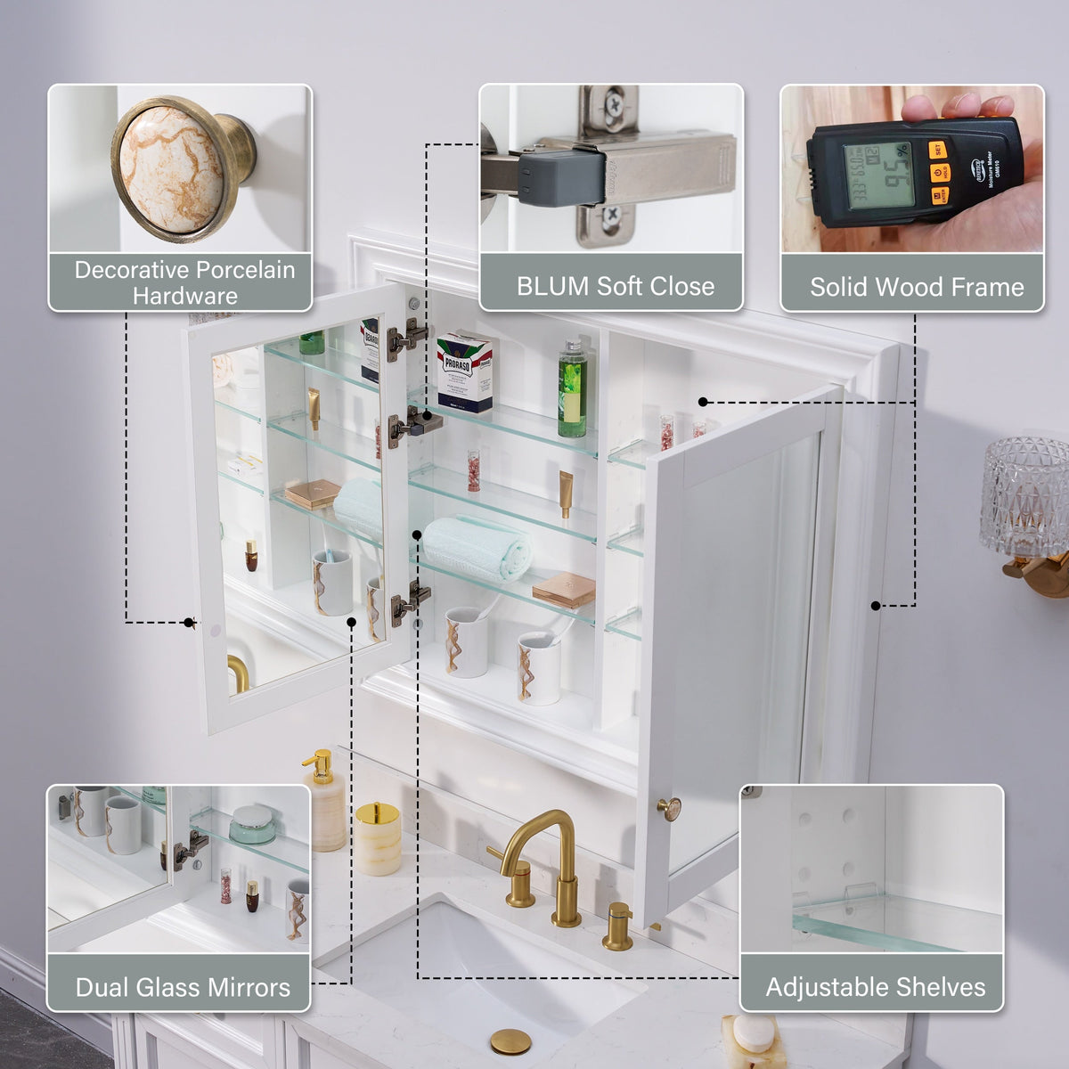 WELLFOR GRACE Solid Wood 40-in x 32-in Recessed Mount White Mirrored Soft Close Medicine Cabinet