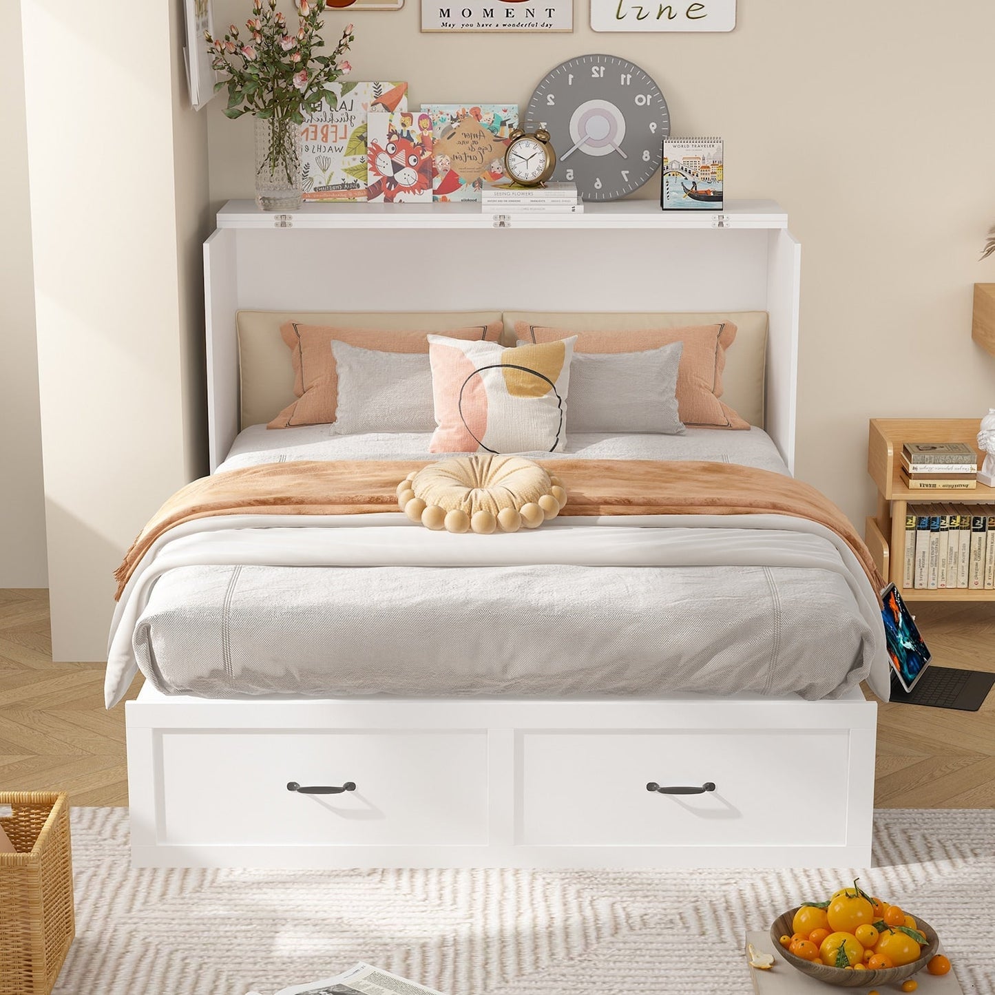FUFU&GAGA Full Size Murphy Bed Cabinet with Charging Station and Drawer