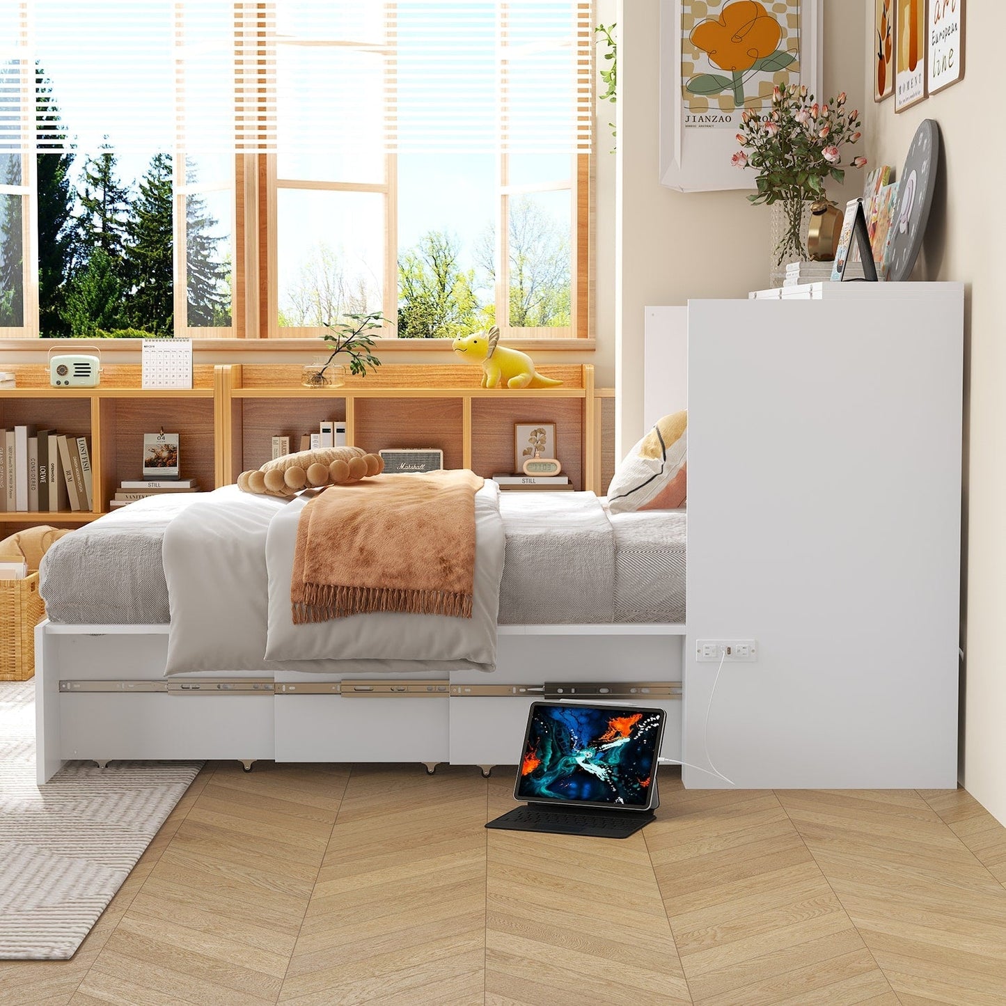 FUFU&GAGA Full Size Murphy Bed Cabinet with Charging Station and Drawer