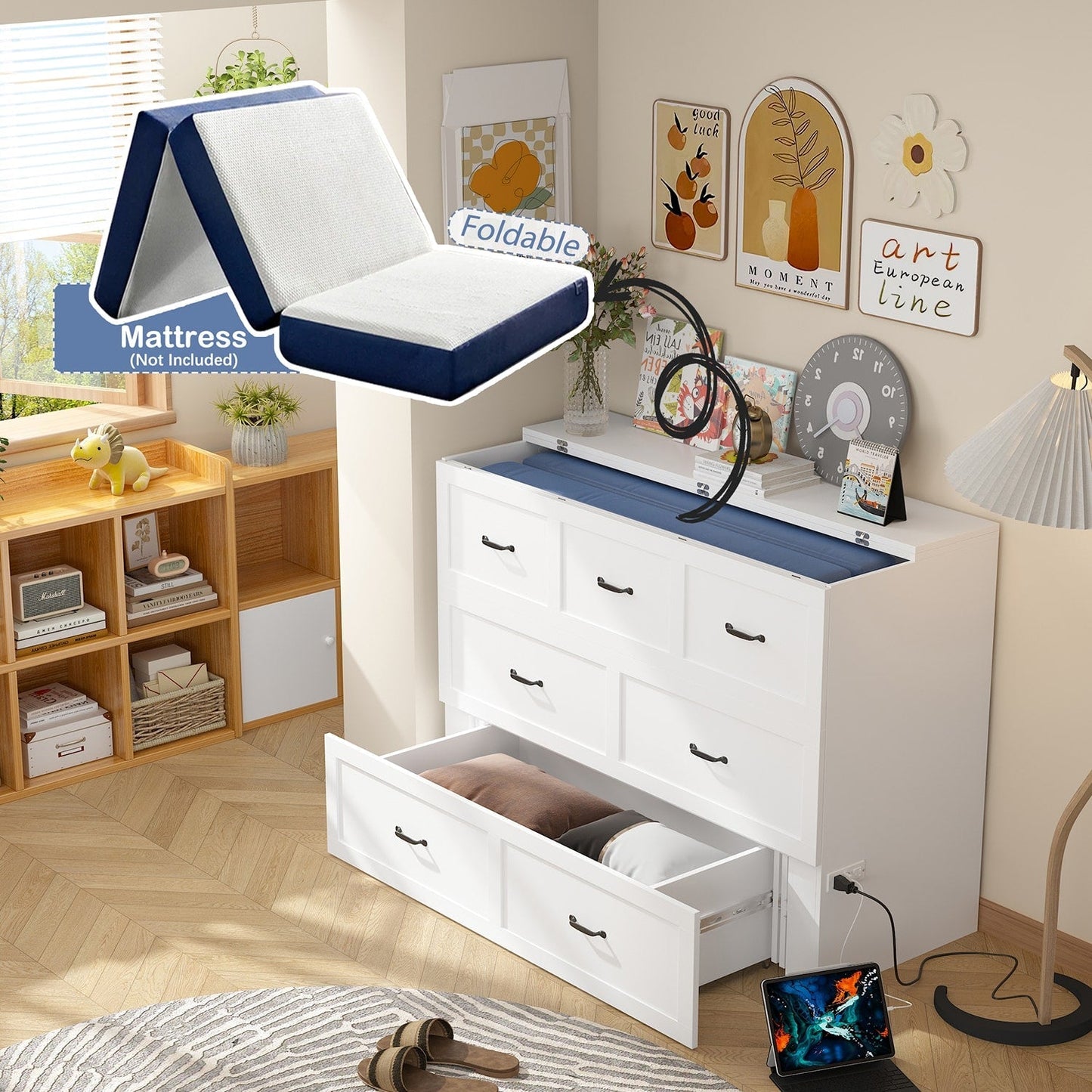 FUFU&GAGA Full Size Murphy Bed Cabinet with Charging Station and Drawer