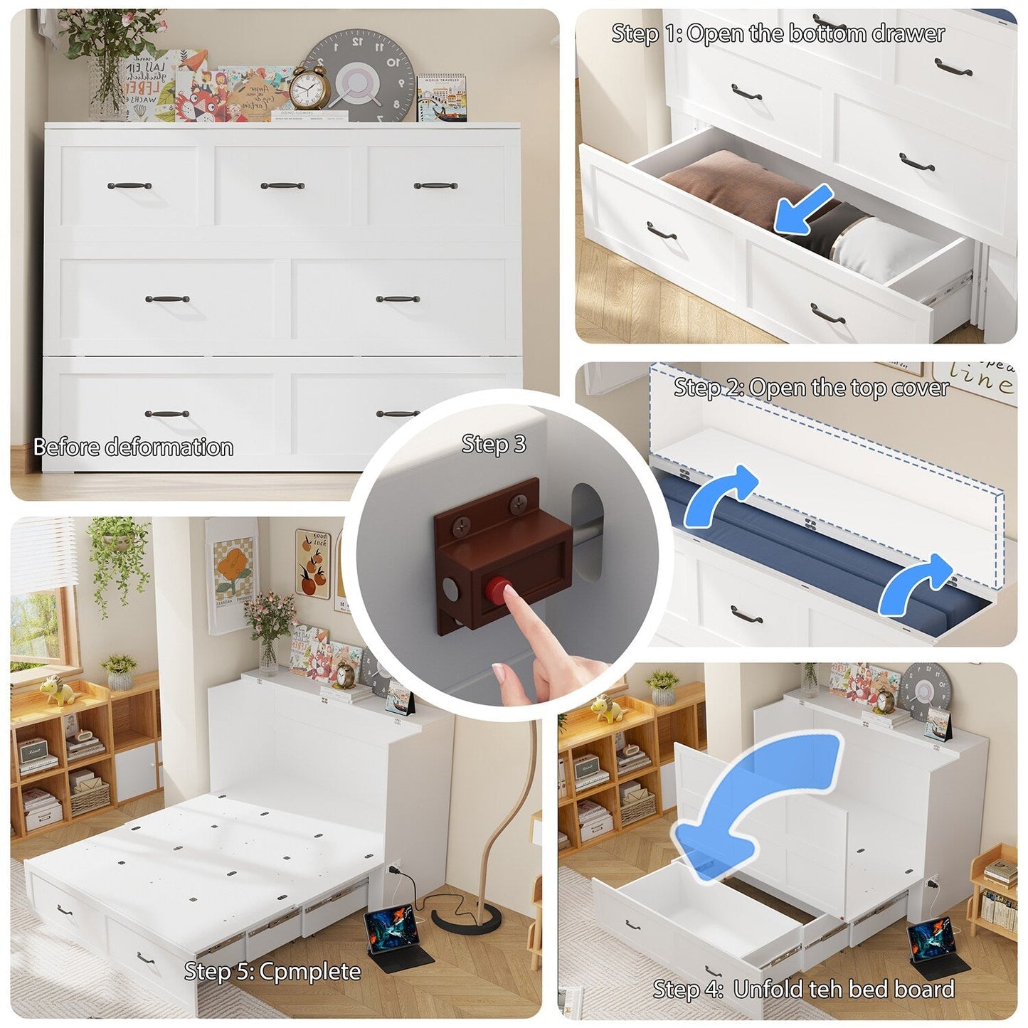 FUFU&GAGA Full Size Murphy Bed Cabinet with Charging Station and Drawer