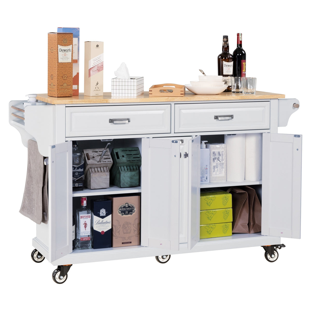 Damerin White Wood Base with Wood Top Rolling Kitchen Island (18.13-in x 60.5-in x 36.75-in)