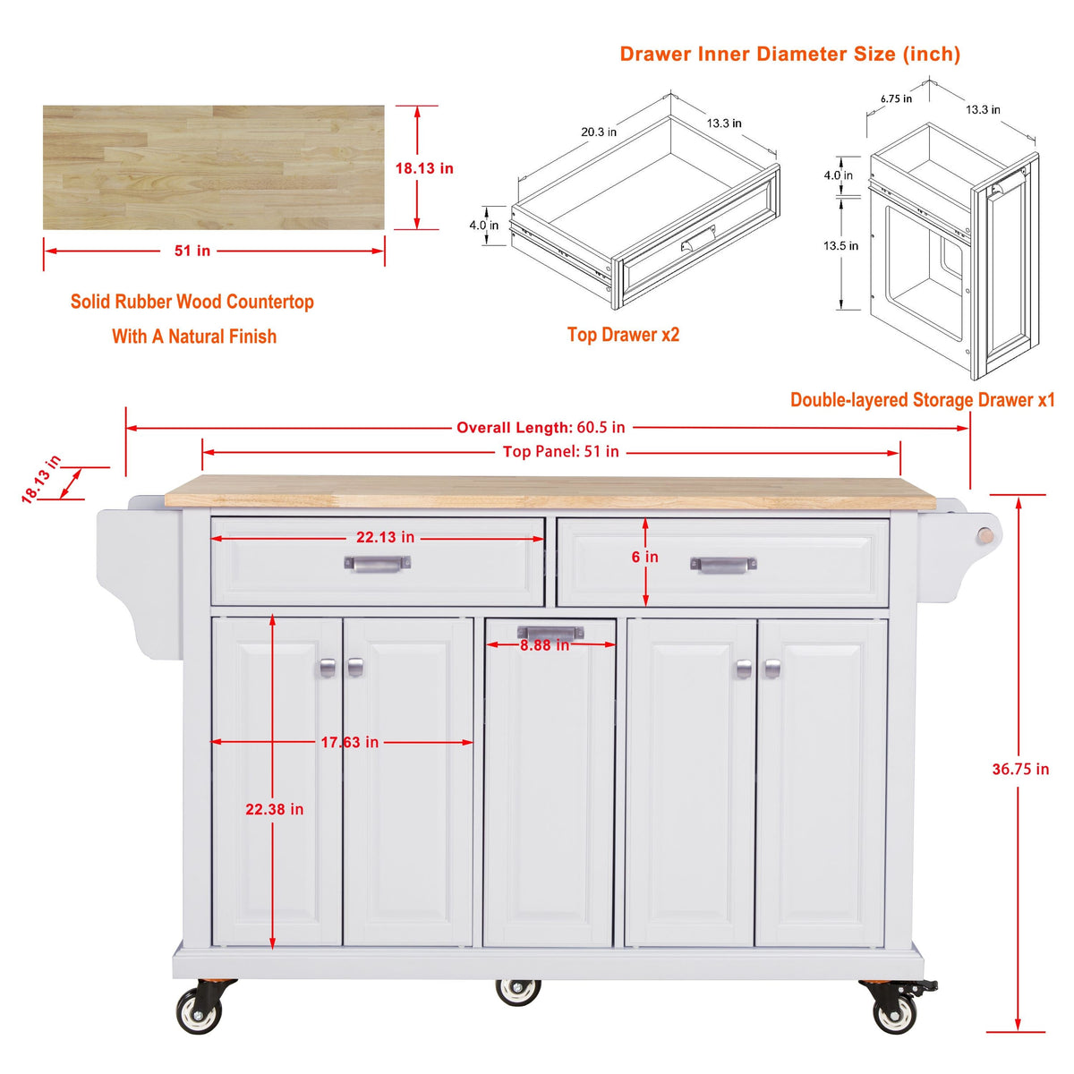Damerin White Wood Base with Wood Top Rolling Kitchen Island (18.13-in x 60.5-in x 36.75-in)