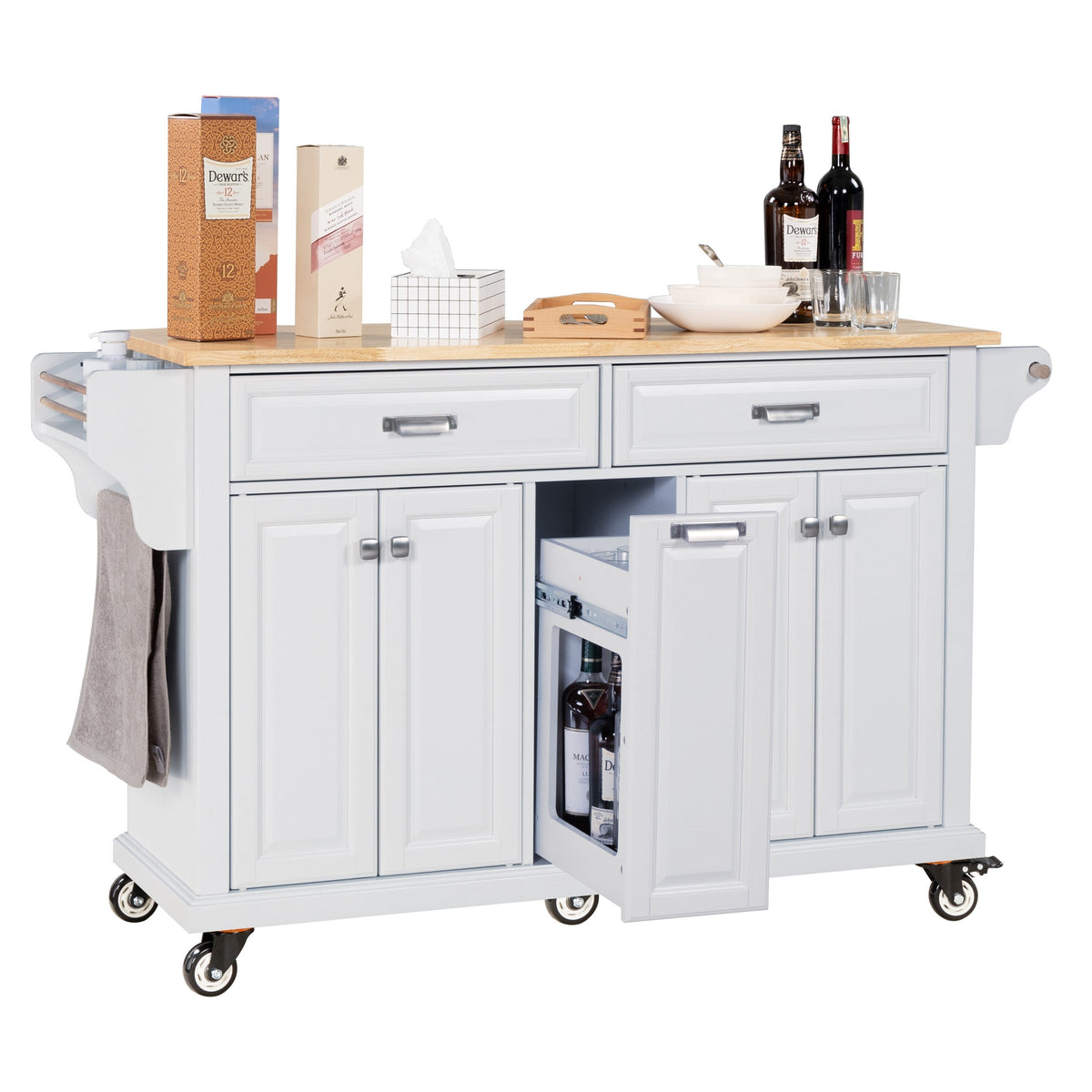 Damerin White Wood Base with Wood Top Rolling Kitchen Island (18.13-in x 60.5-in x 36.75-in)