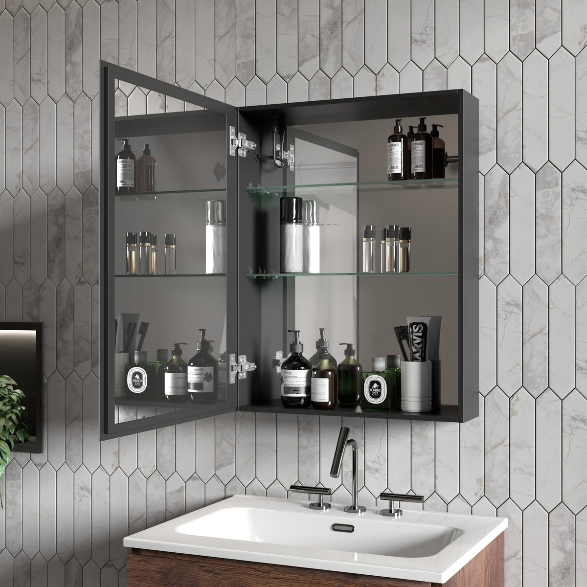 Forclover 20-in x 26-in Lighted LED Fog Free Surface Mount Black Mirrored Soft Close Medicine Cabinet