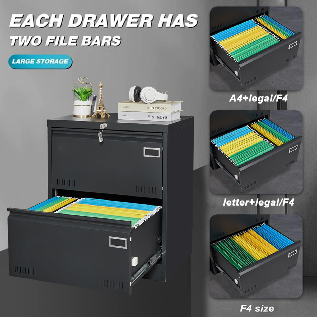 SINOFURN Black 2-Drawer 23.6-in File Cabinet