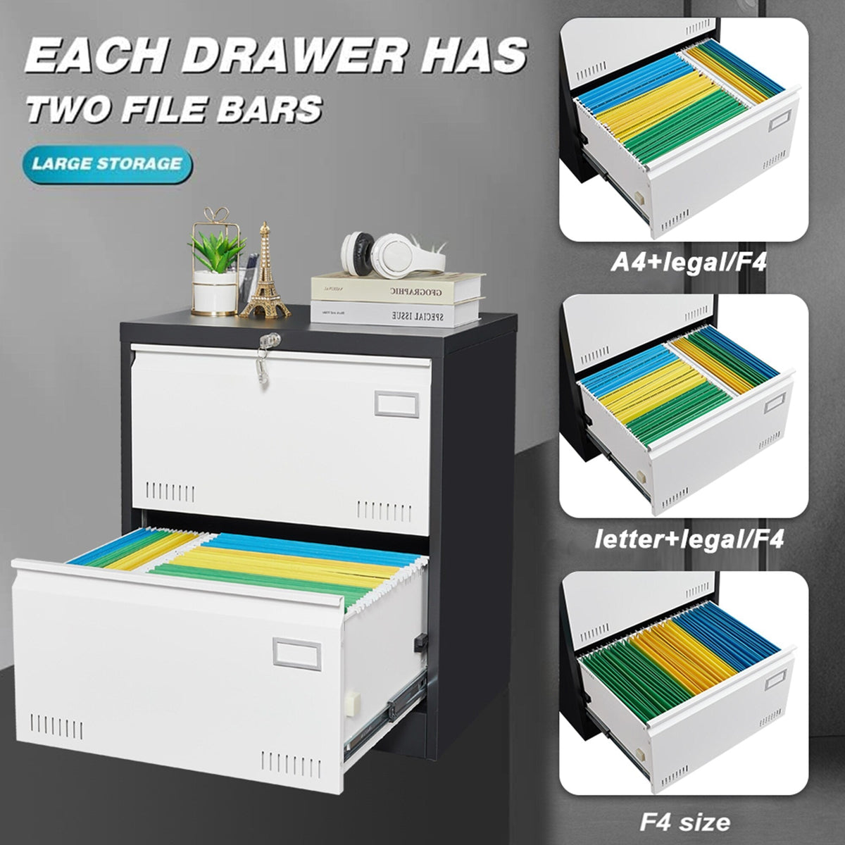 SINOFURN Black+White 2-Drawer 23.6-in File Cabinet