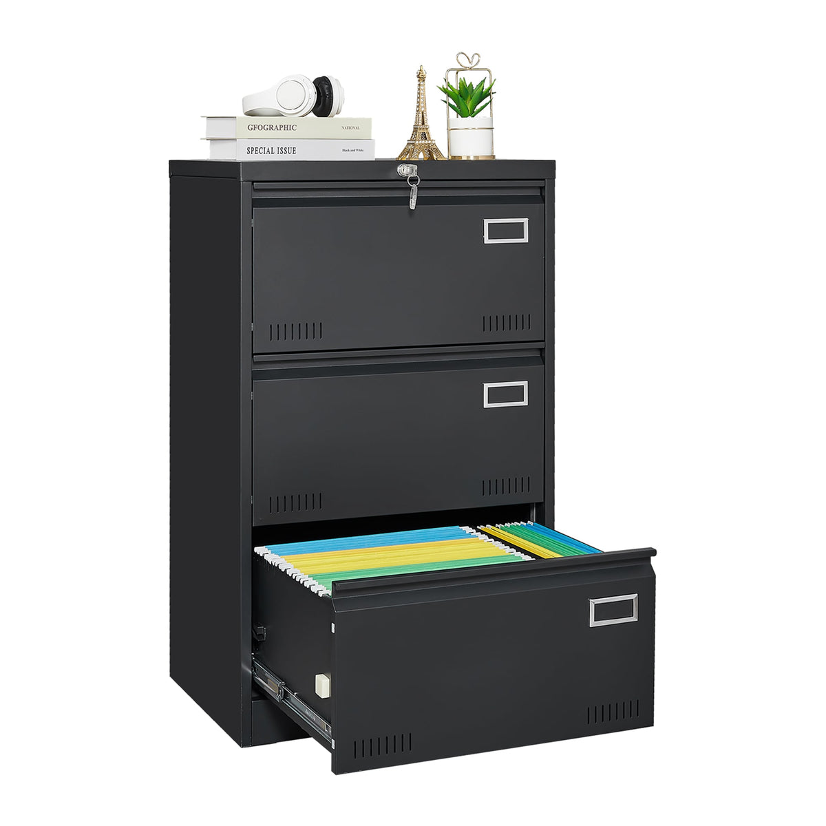 SINOFURN Black 3-Drawer 23.6-in File Cabinet
