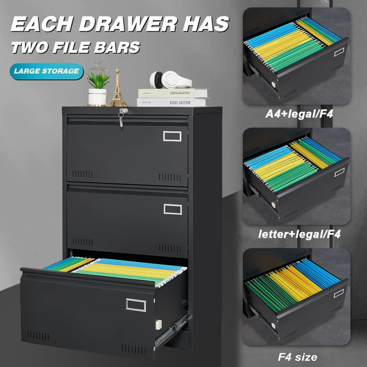 SINOFURN Black 3-Drawer 23.6-in File Cabinet