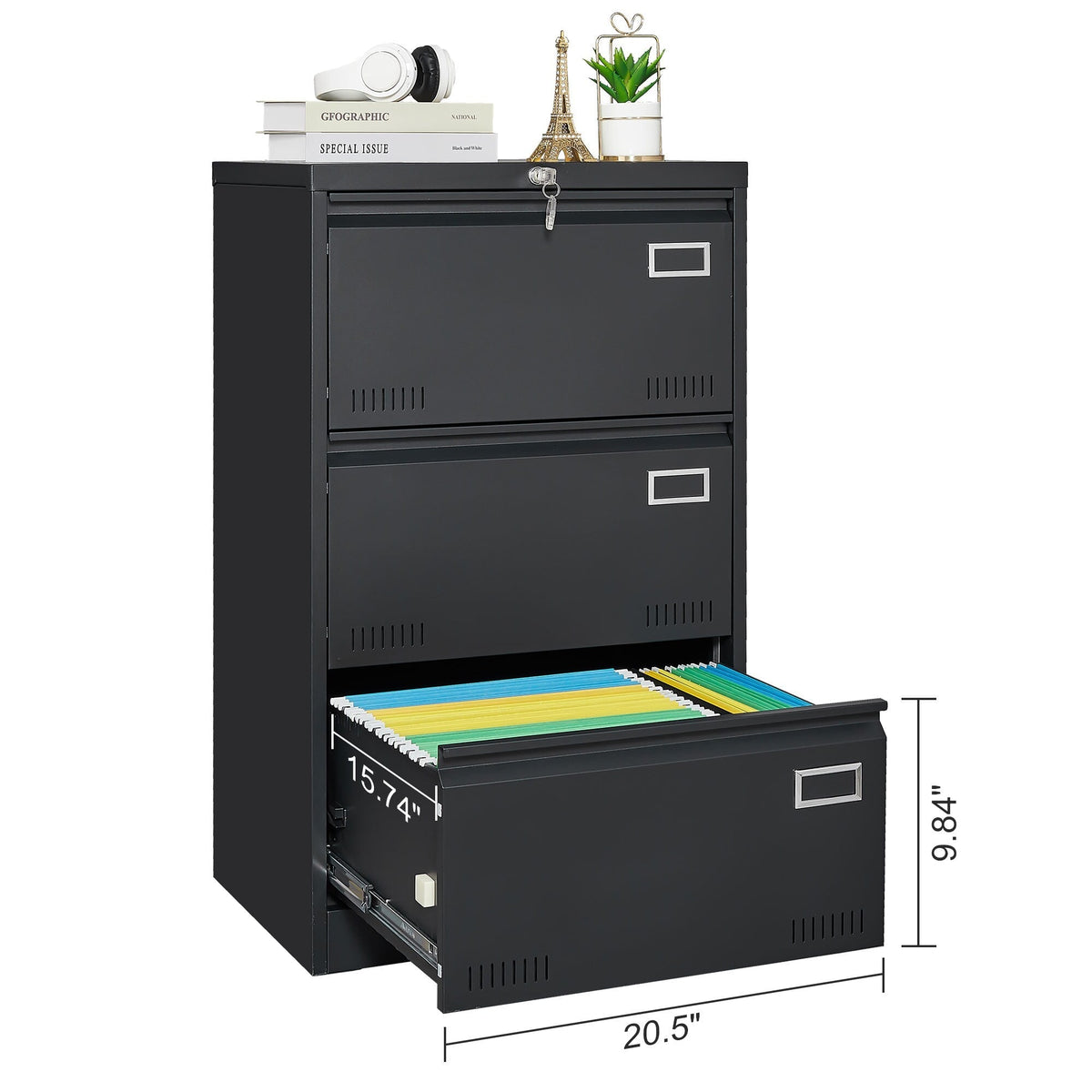 SINOFURN Black 3-Drawer 23.6-in File Cabinet