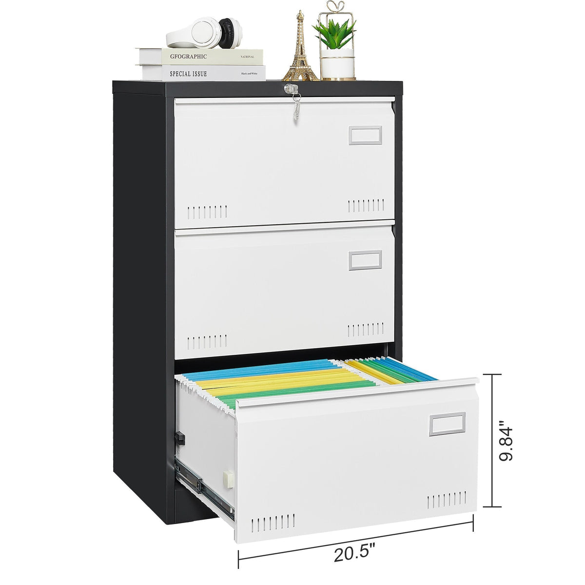 SINOFURN Black+White 3-Drawer 23.6-in File Cabinet