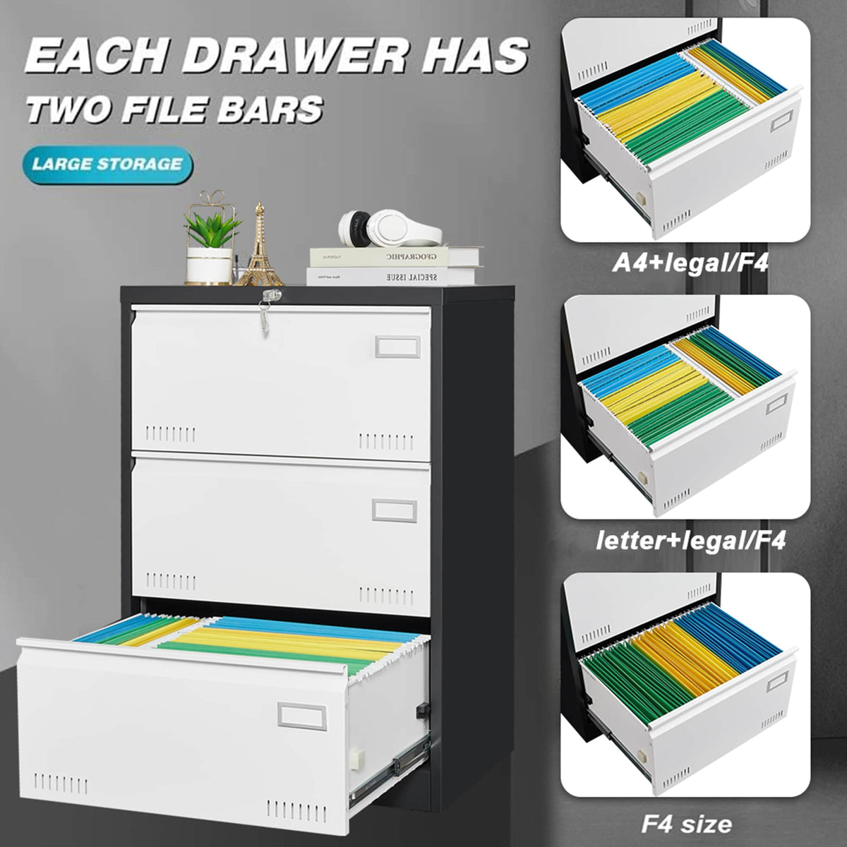 SINOFURN Black+White 3-Drawer 23.6-in File Cabinet
