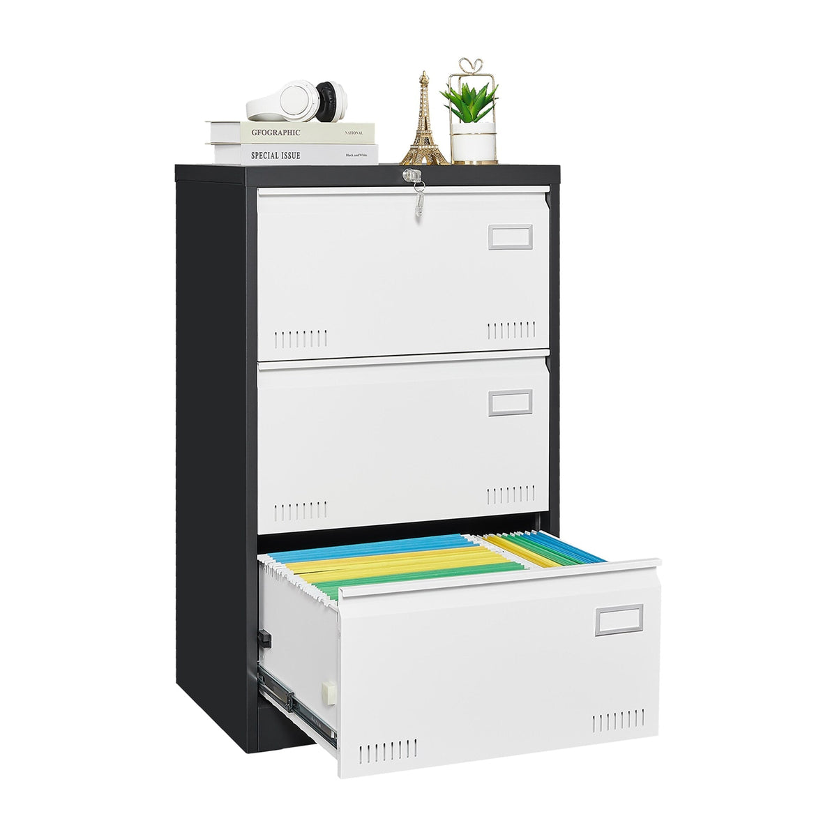 SINOFURN Black+White 3-Drawer 23.6-in File Cabinet