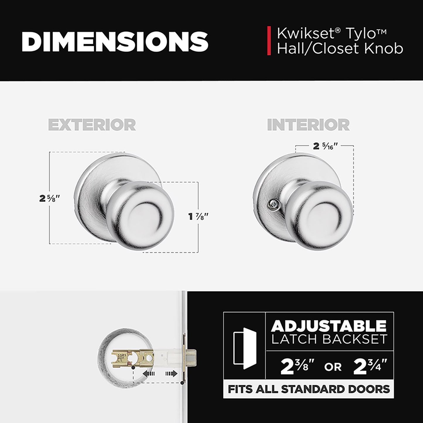Kwikset Tylo Passage Door Knob, Satin Chrome, ANSI/BHMA Grade 3, Fits 1-3/8 to 1-3/4 in Doors