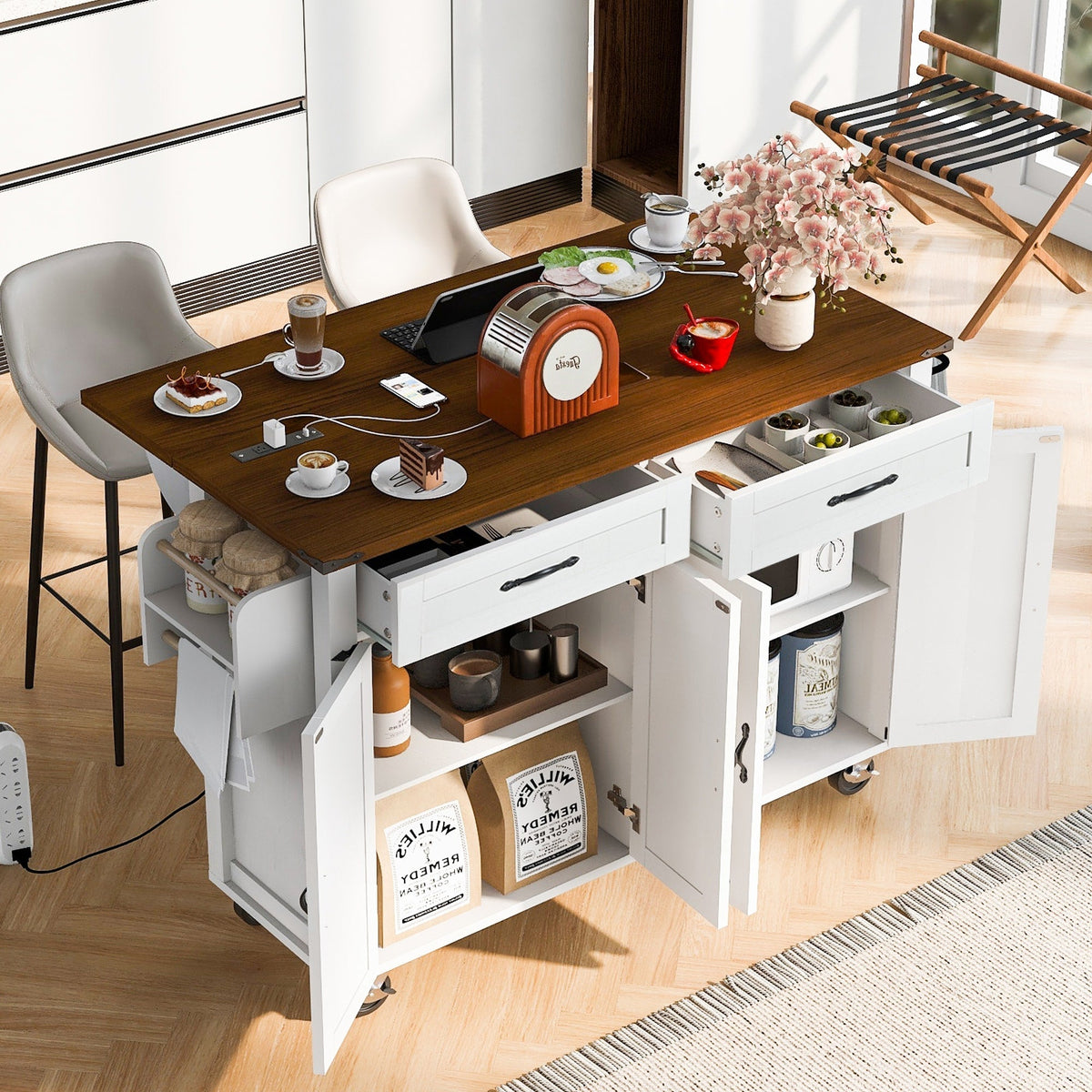 SINOFURN White Mdf Base with Mdf Top Rolling Kitchen Island (17.7-in x 53.5-in x 36.5-in)