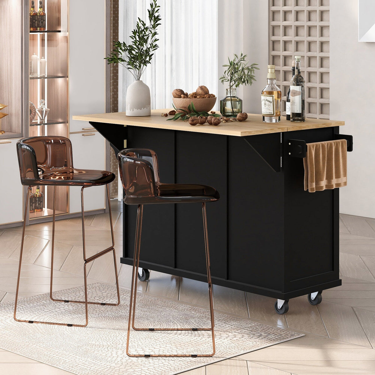 SINOFURN Black Mdf Base with Wood Top Rolling Kitchen Island (17.7-in x 53.1-in x 37.2-in)