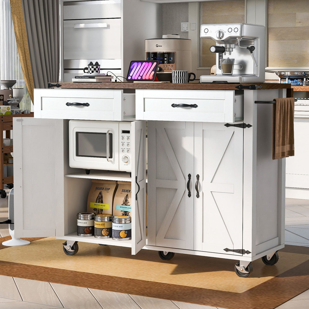 SINOFURN White Mdf Base with Mdf Top Rolling Kitchen Island (17.7-in x 53.5-in x 36.5-in)