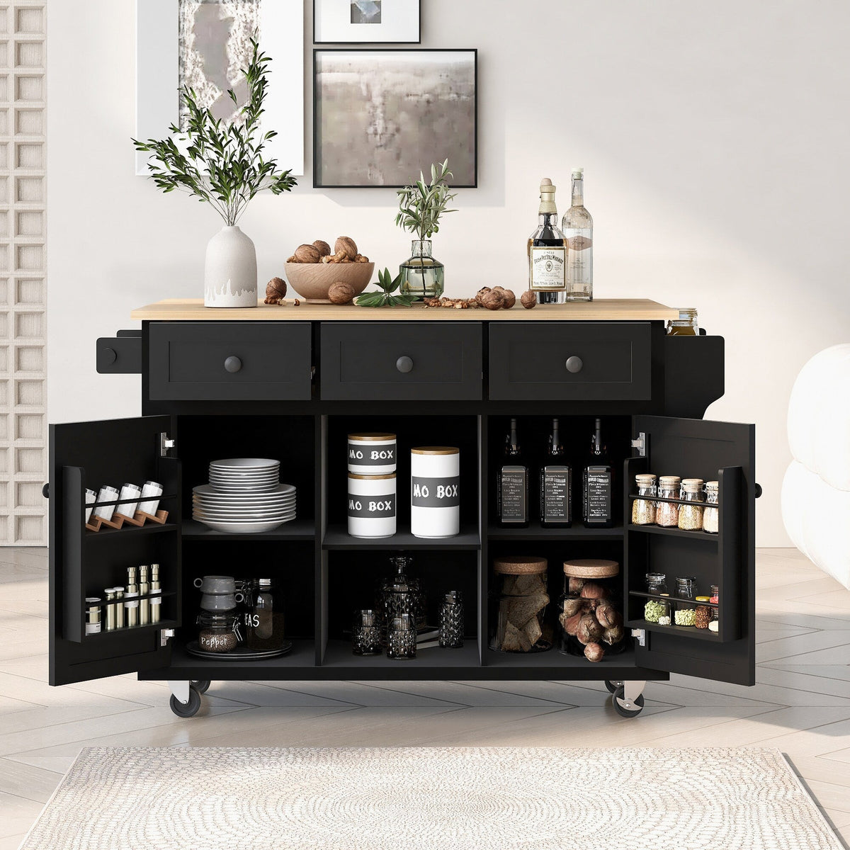 SINOFURN Black Mdf Base with Wood Top Rolling Kitchen Island (17.7-in x 53.1-in x 37.2-in)