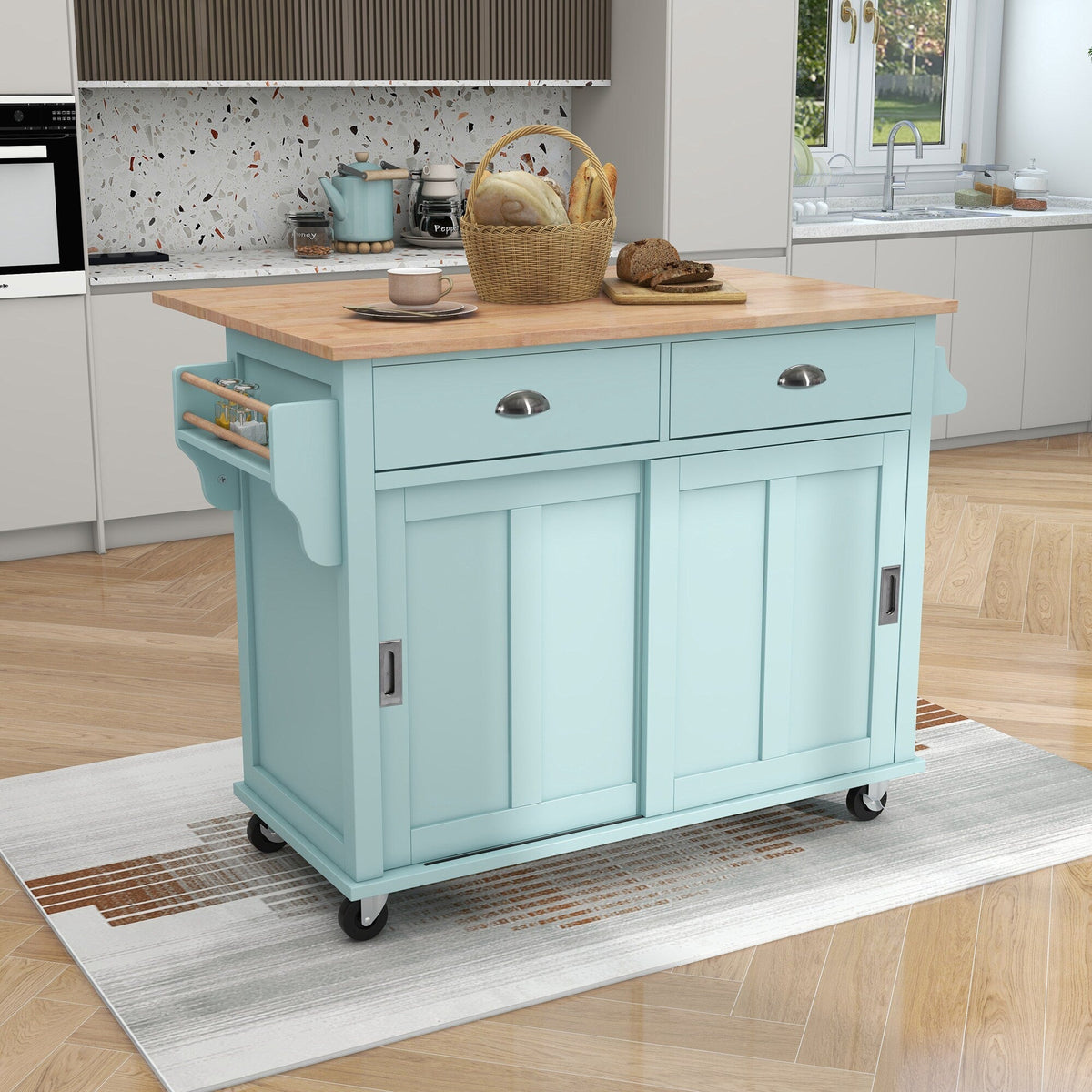 SINOFURN Green Mdf Base with Wood Top Rolling Kitchen Island (20.5-in x 52.2-in x 36.6-in)