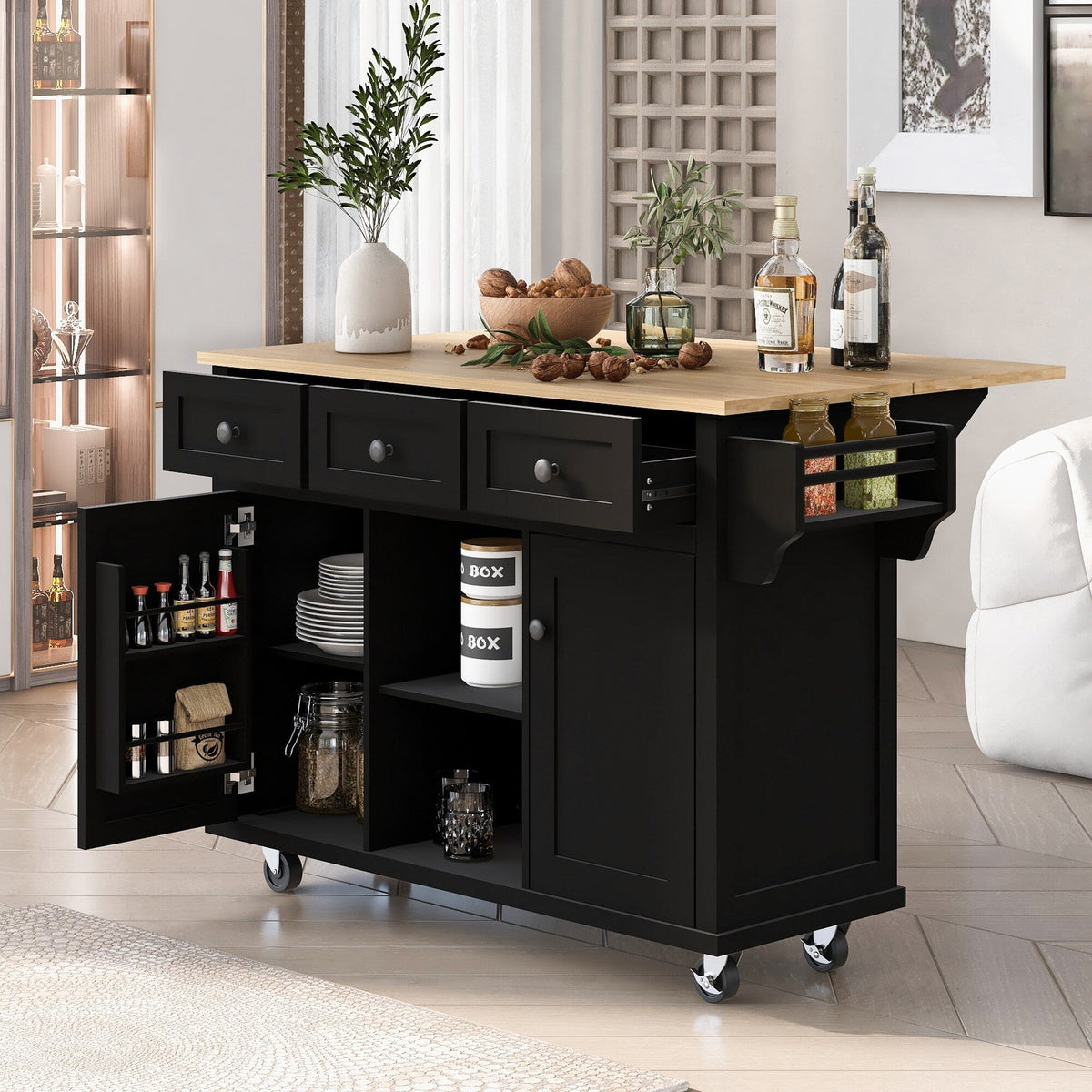 SINOFURN Black Mdf Base with Wood Top Rolling Kitchen Island (17.7-in x 53.1-in x 37.2-in)