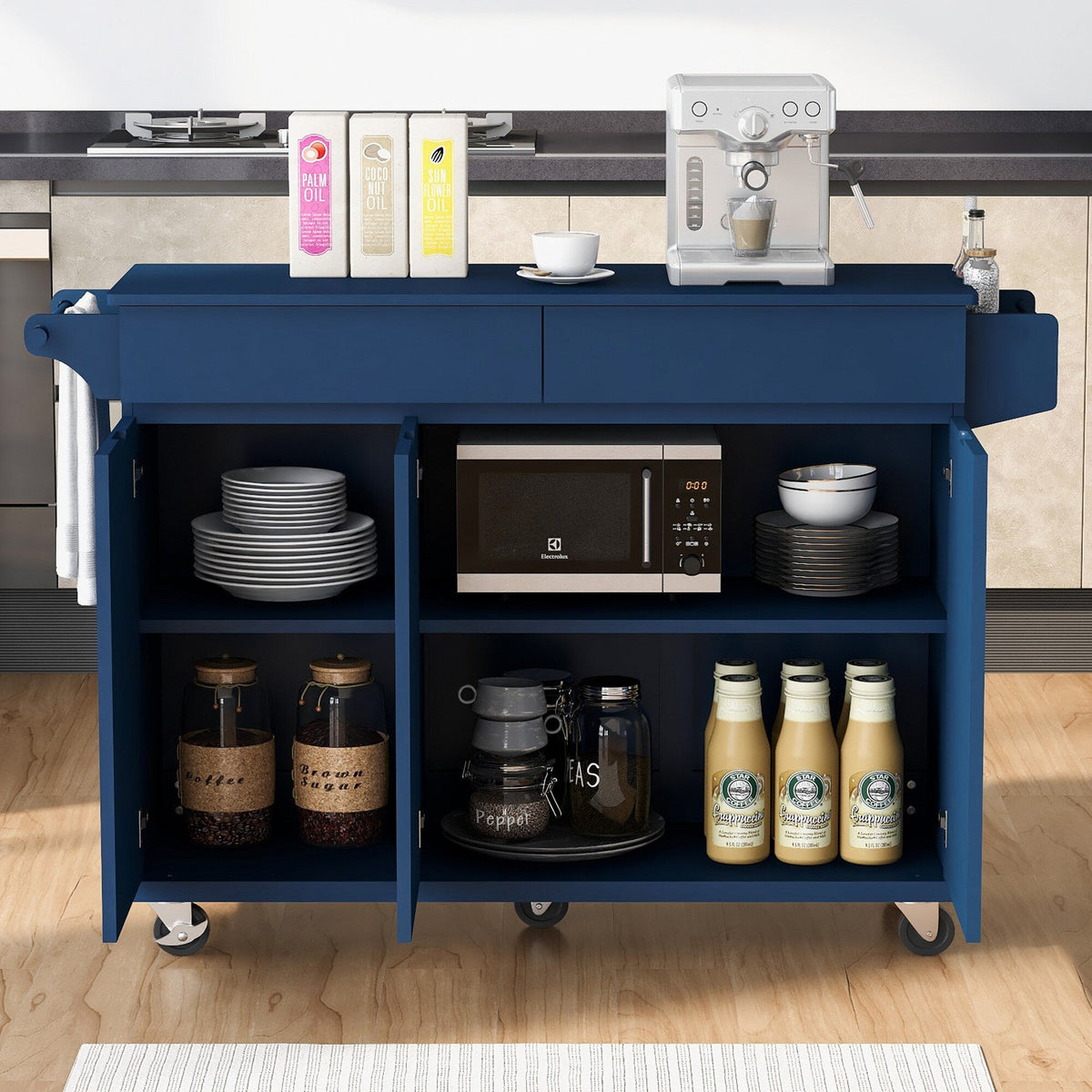 SINOFURN Blue Mdf Base with Mdf Wood Top Rolling Kitchen Island (27.6-in x 53.2-in x 36.3-in)