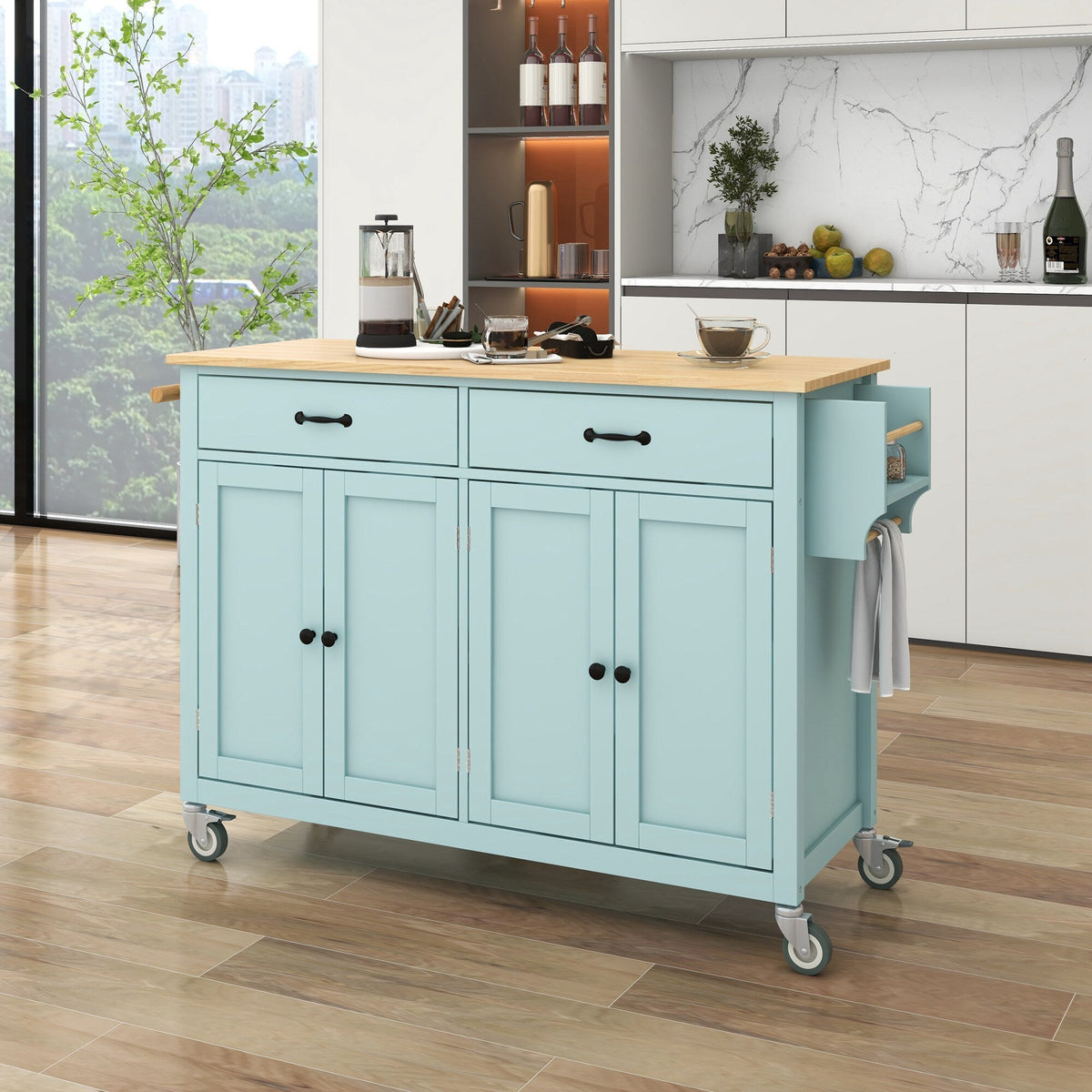 SINOFURN Blue Mdf Base with Wood Top Rolling Kitchen Cart (18.5-in x 54.33-in x 36.22-in)