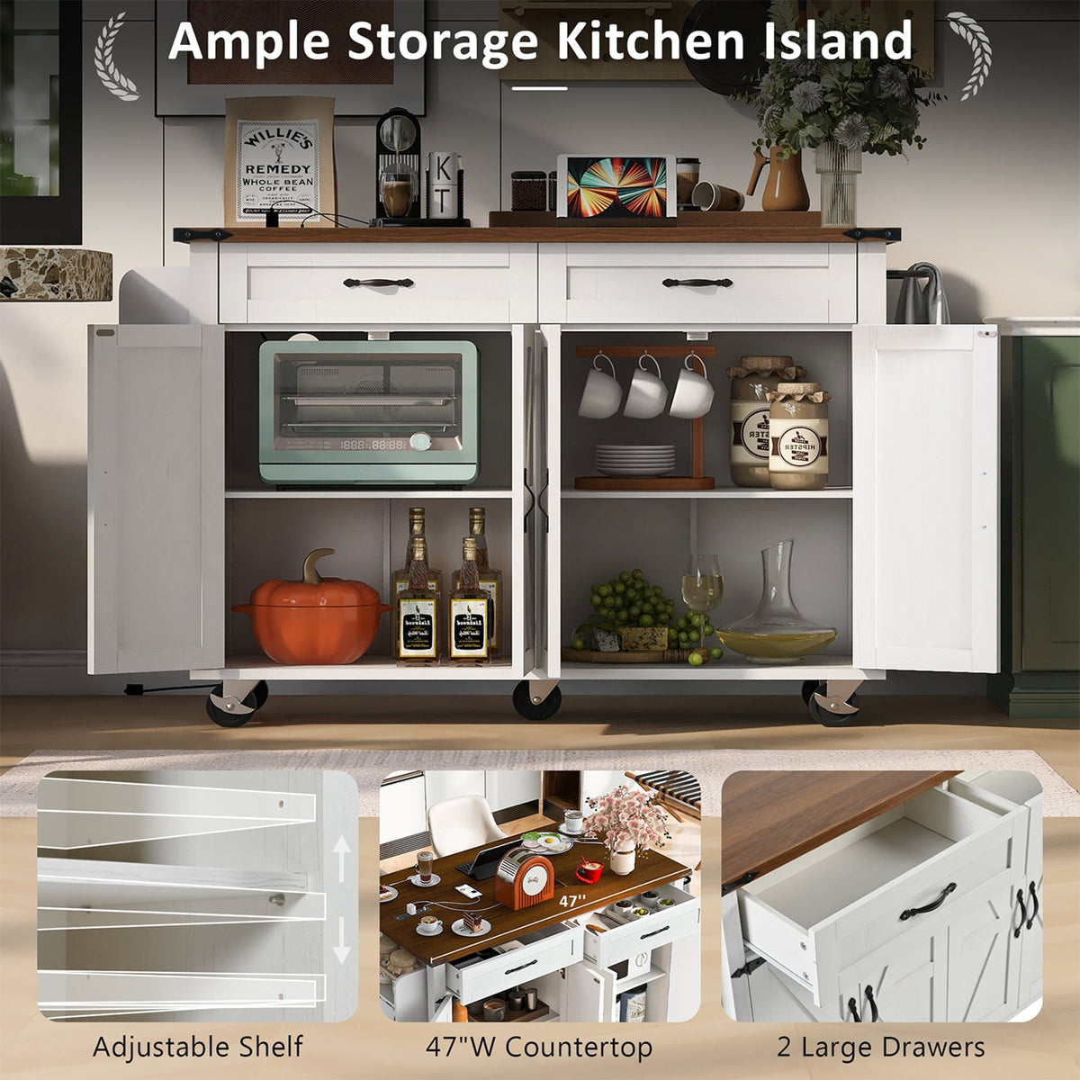SINOFURN White Mdf Base with Mdf Top Rolling Kitchen Island (17.7-in x 53.5-in x 36.5-in)