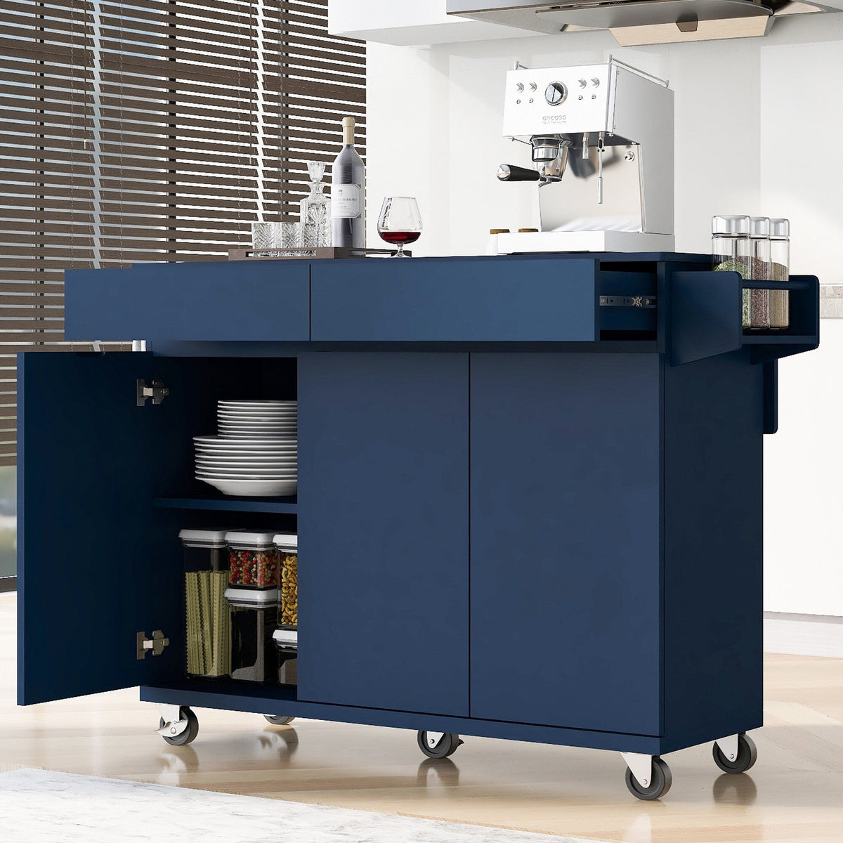 SINOFURN Blue Mdf Base with Mdf Wood Top Rolling Kitchen Island (27.6-in x 53.2-in x 36.3-in)