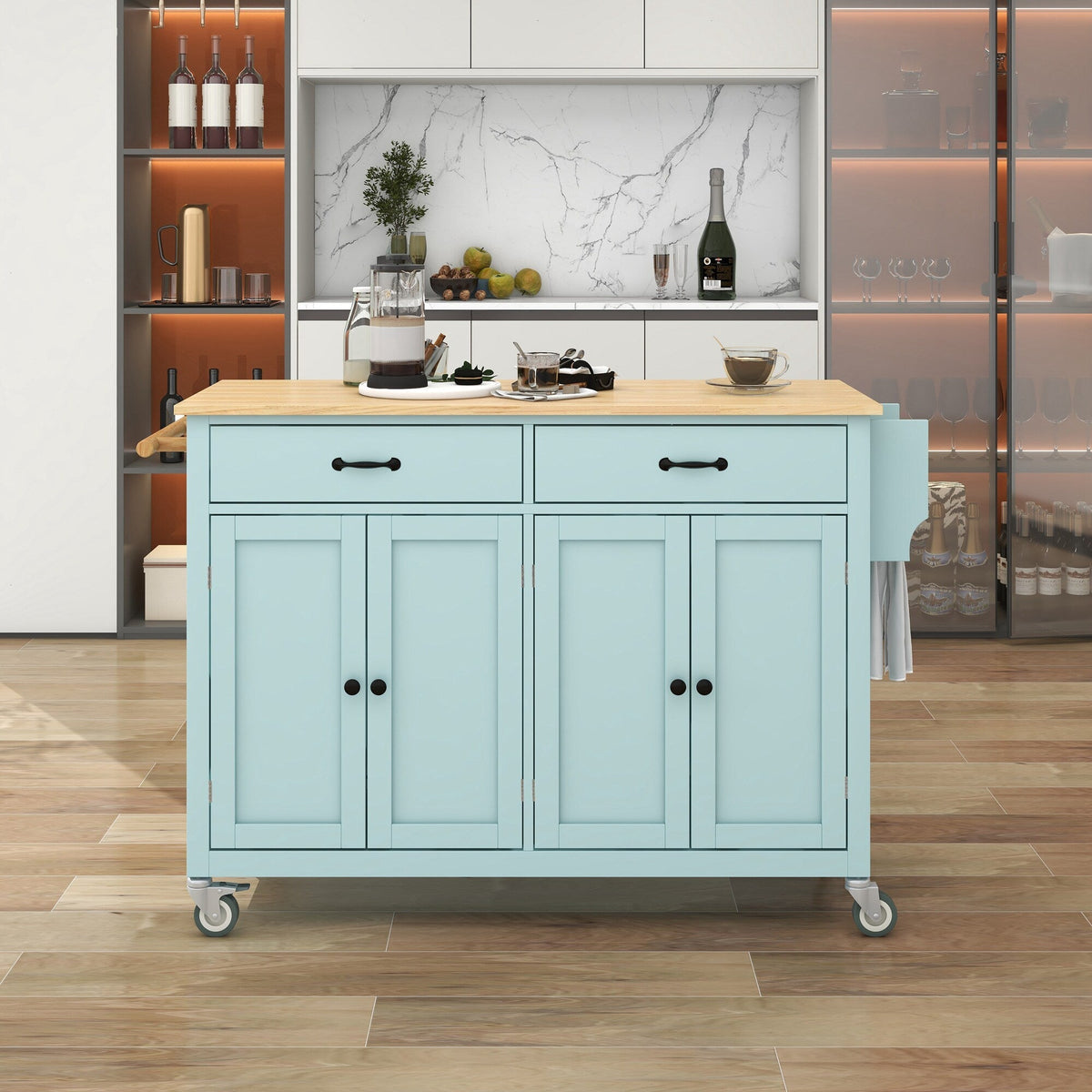 SINOFURN Blue Mdf Base with Wood Top Rolling Kitchen Cart (18.5-in x 54.33-in x 36.22-in)