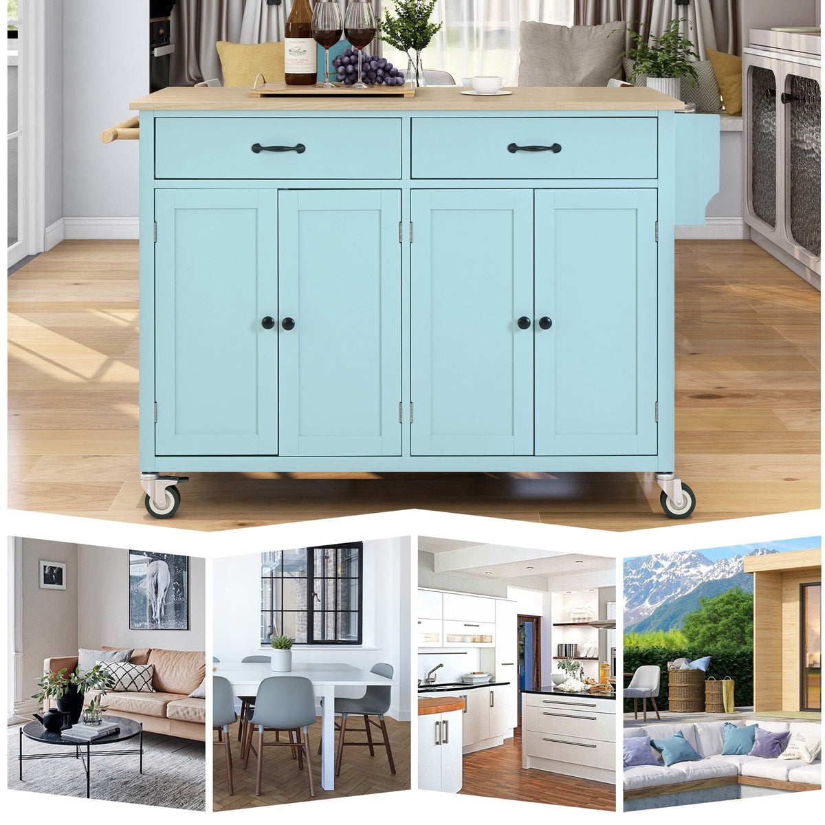 SINOFURN Blue Mdf Base with Wood Top Rolling Kitchen Cart (18.5-in x 54.33-in x 36.22-in)