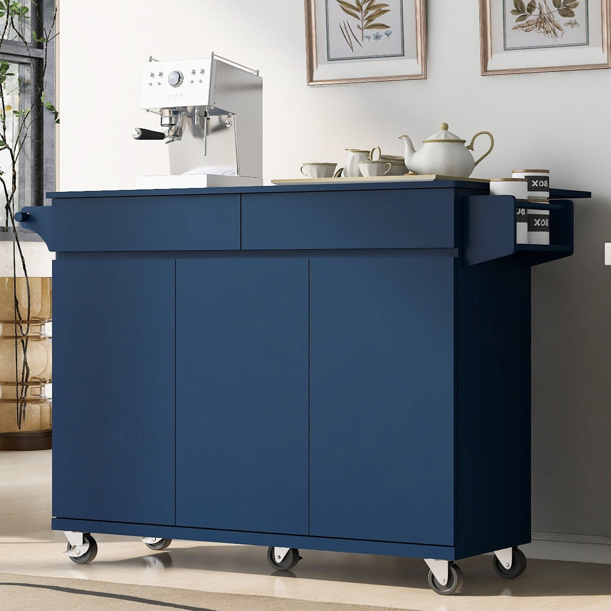 SINOFURN Blue Mdf Base with Mdf Wood Top Rolling Kitchen Island (27.6-in x 53.2-in x 36.3-in)