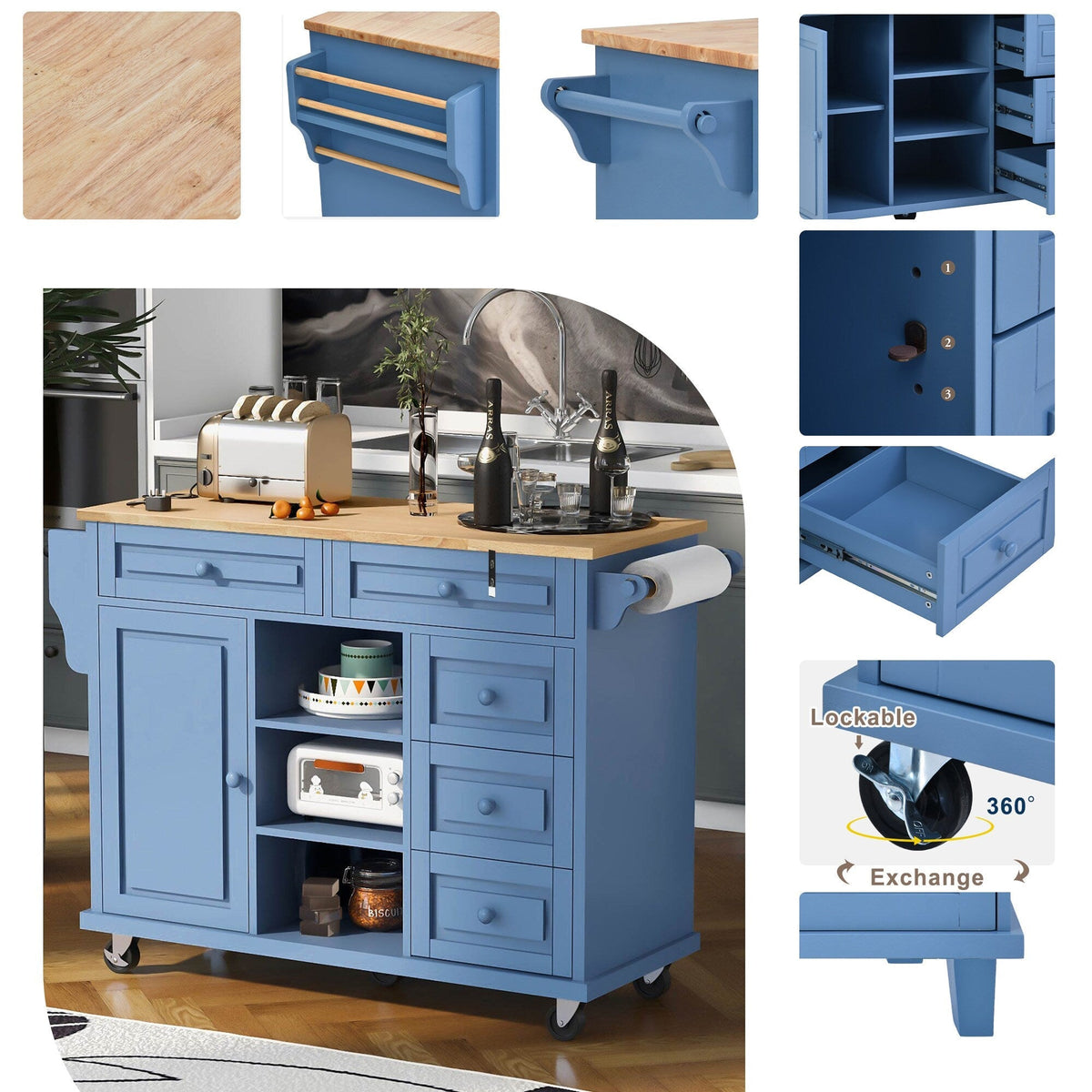 SINOFURN Blue Mdf Base with Wood Top Rolling Kitchen Cart (18.1-in x 52.8-in x 36.2-in)