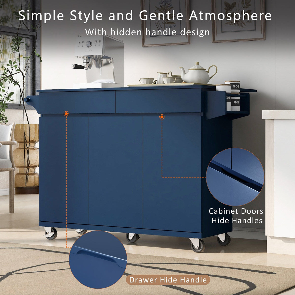 SINOFURN Blue Mdf Base with Mdf Wood Top Rolling Kitchen Island (27.6-in x 53.2-in x 36.3-in)