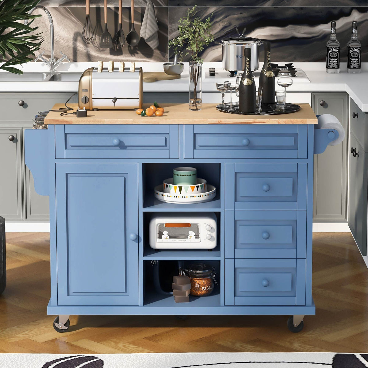 SINOFURN Blue Mdf Base with Wood Top Rolling Kitchen Cart (18.1-in x 52.8-in x 36.2-in)