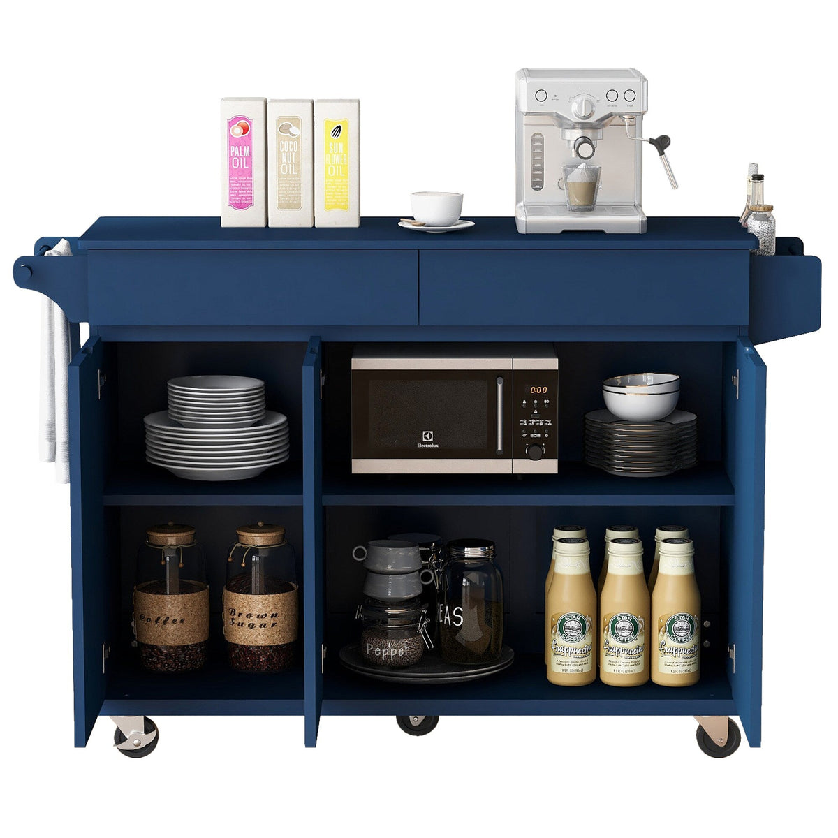 SINOFURN Blue Mdf Base with Mdf Wood Top Rolling Kitchen Island (27.6-in x 53.2-in x 36.3-in)