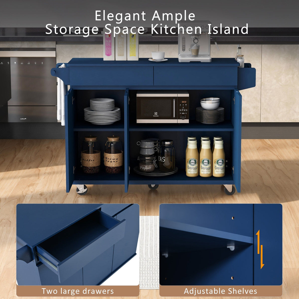 SINOFURN Blue Mdf Base with Mdf Wood Top Rolling Kitchen Island (27.6-in x 53.2-in x 36.3-in)