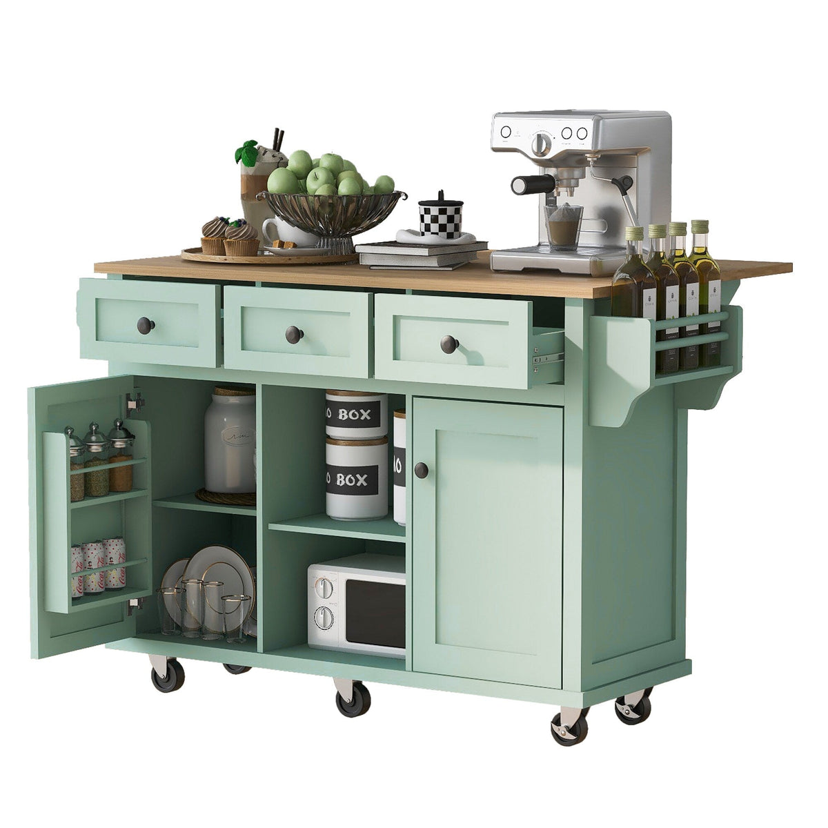 SINOFURN Green Mdf Base with Wood Top Rolling Kitchen Island (17.7-in x 53.1-in x 37.2-in)