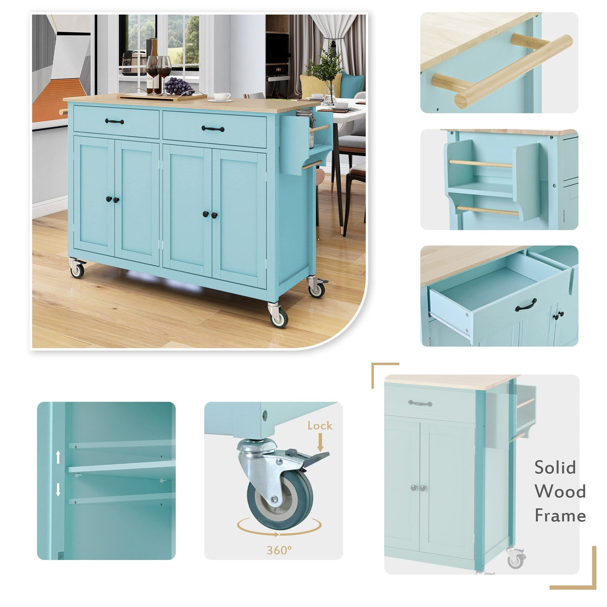 SINOFURN Blue Mdf Base with Wood Top Rolling Kitchen Cart (18.5-in x 54.33-in x 36.22-in)