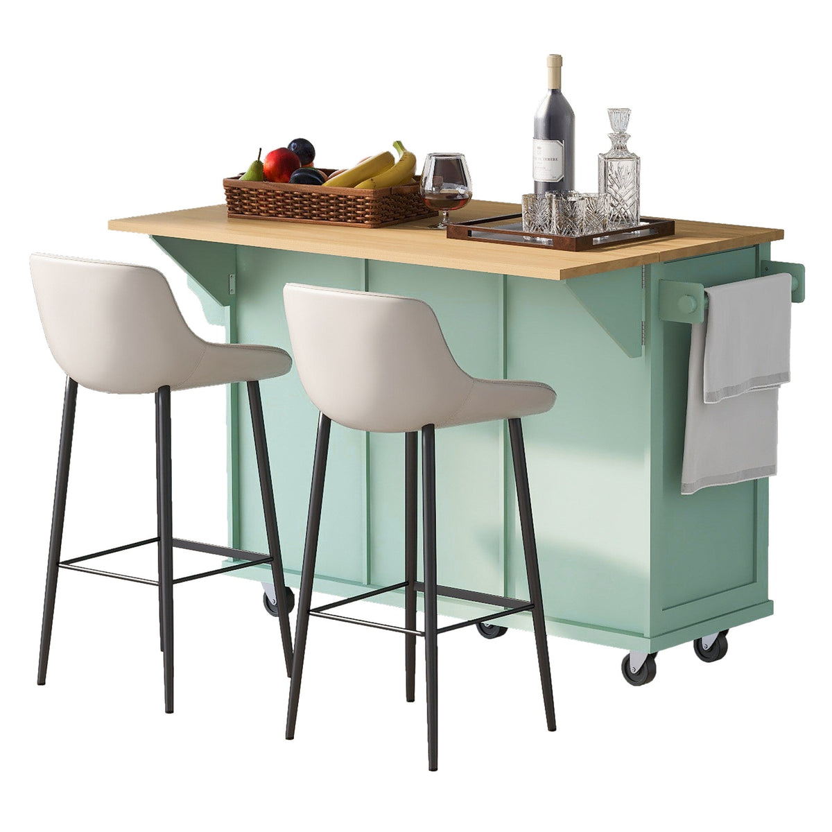 SINOFURN Green Mdf Base with Wood Top Rolling Kitchen Island (17.7-in x 53.1-in x 37.2-in)