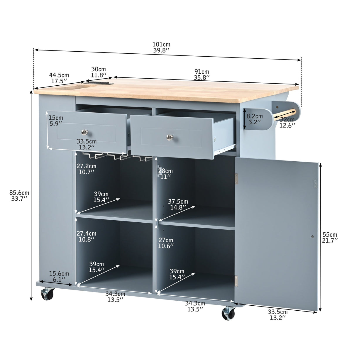 SINOFURN Blue Mdf Base with Wood Top Rolling Kitchen Cart (29.3-in x 39.8-in x 33.7-in)