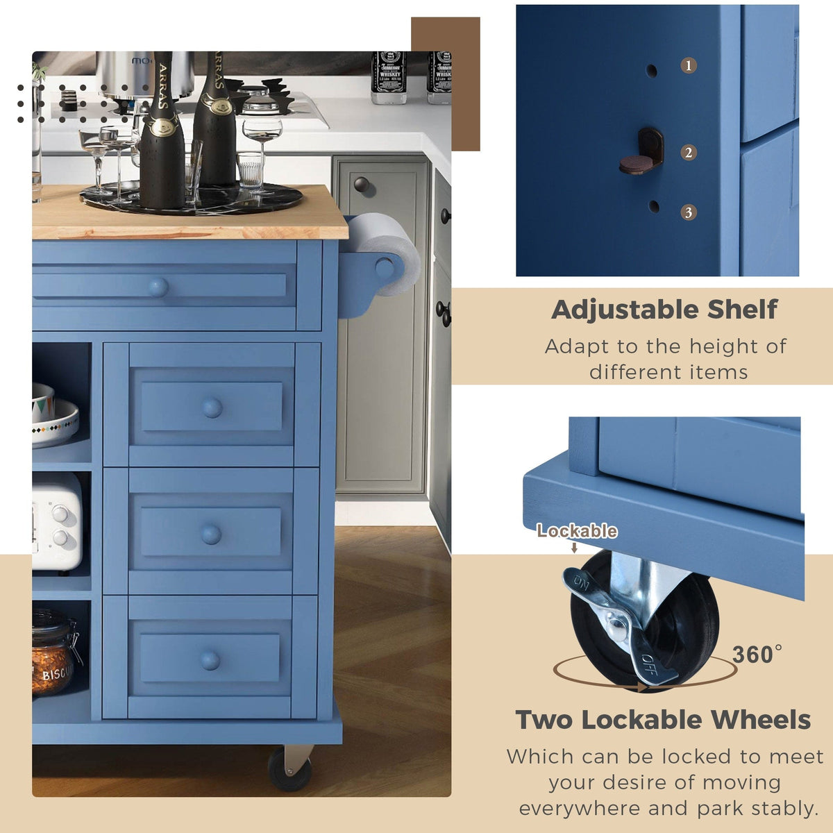 SINOFURN Blue Mdf Base with Wood Top Rolling Kitchen Cart (18.1-in x 52.8-in x 36.2-in)