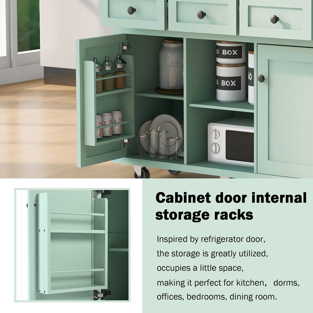 SINOFURN Green Mdf Base with Wood Top Rolling Kitchen Island (17.7-in x 53.1-in x 37.2-in)