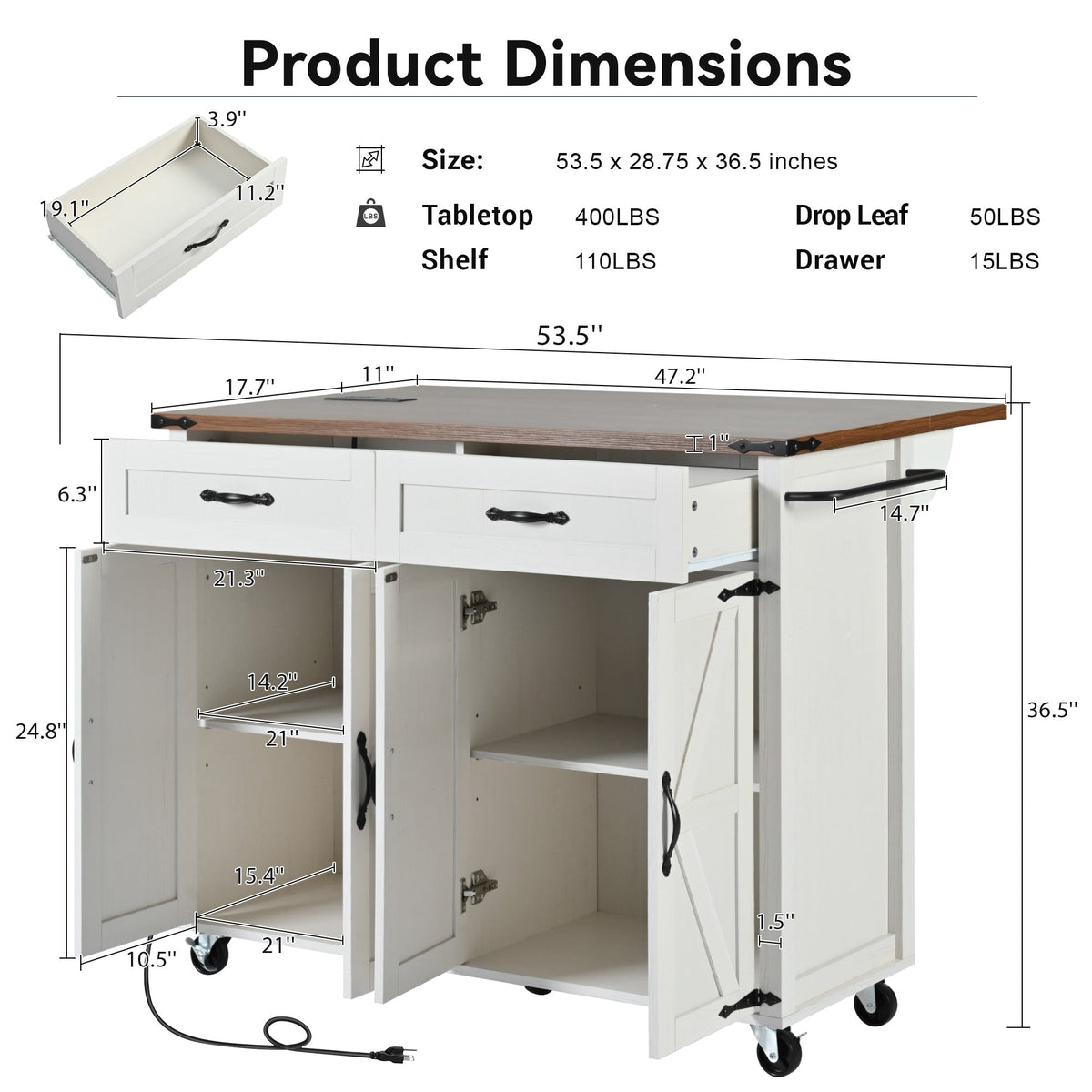 SINOFURN White Mdf Base with Mdf Top Rolling Kitchen Island (17.7-in x 53.5-in x 36.5-in)