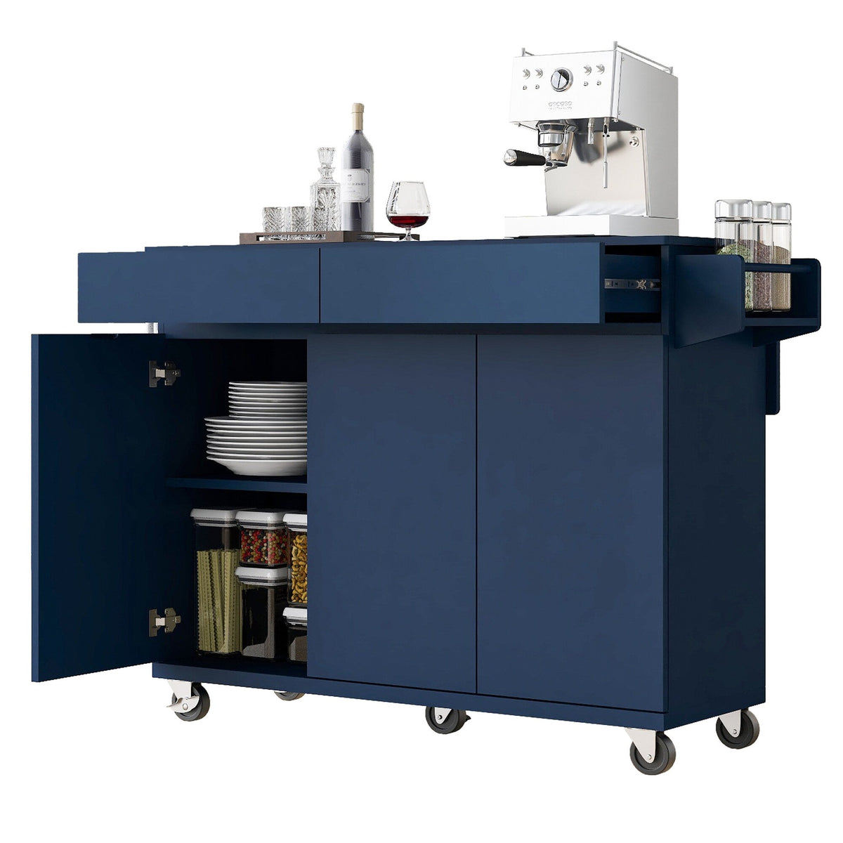 SINOFURN Blue Mdf Base with Mdf Wood Top Rolling Kitchen Island (27.6-in x 53.2-in x 36.3-in)
