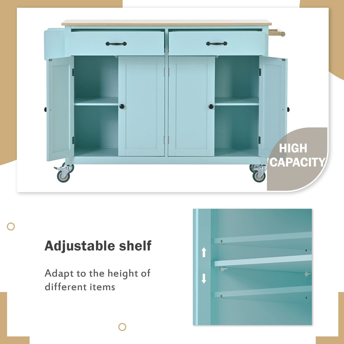 SINOFURN Blue Mdf Base with Wood Top Rolling Kitchen Cart (18.5-in x 54.33-in x 36.22-in)