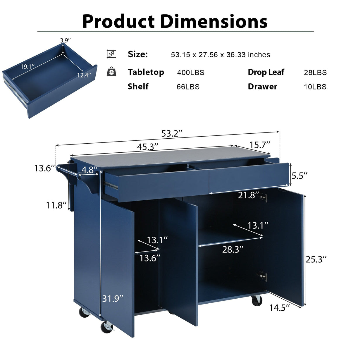 SINOFURN Blue Mdf Base with Mdf Wood Top Rolling Kitchen Island (27.6-in x 53.2-in x 36.3-in)