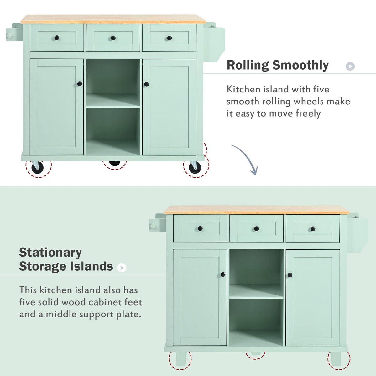 SINOFURN Green Mdf Base with Wood Top Rolling Kitchen Island (17.7-in x 53.1-in x 37.2-in)