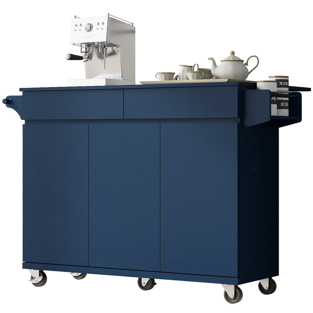 SINOFURN Blue Mdf Base with Mdf Wood Top Rolling Kitchen Island (27.6-in x 53.2-in x 36.3-in)
